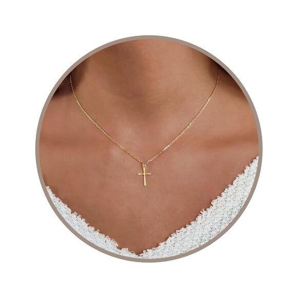 Gold Cross Necklace, 16-18 Inches Gold Chain, Womens Small Simple Cross Pendant - Picture 1 of 7